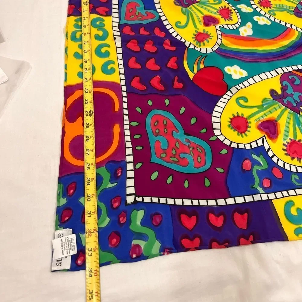 SILKSCAPES Silk Hand Painted Colorful Heart Pattern Scarf 35” X 34”